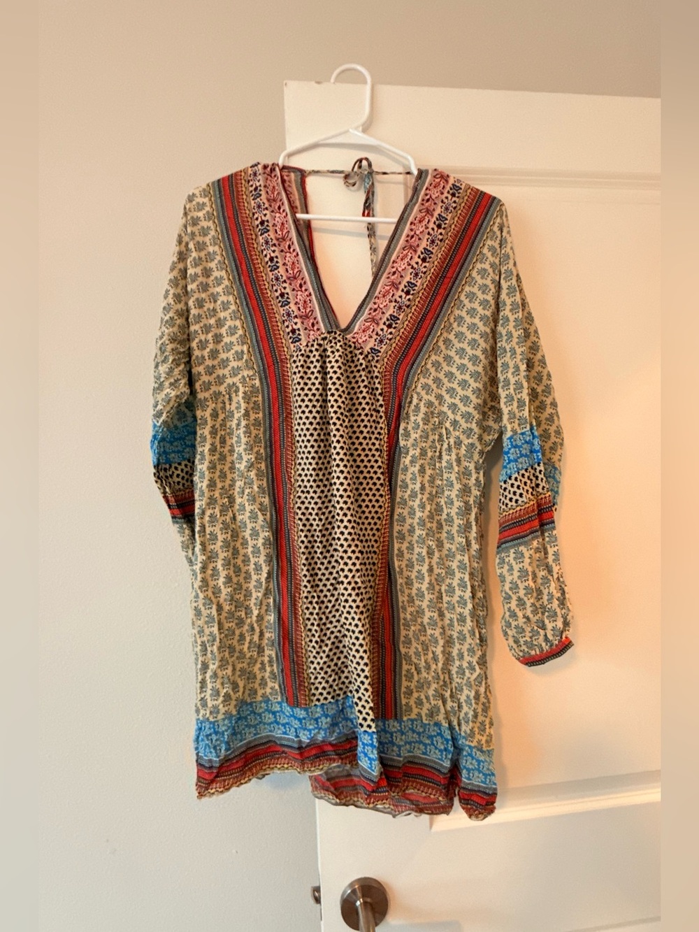 Zara Boho Long-Sleeve Tunic Dress in Beige with Blue and Red Accents